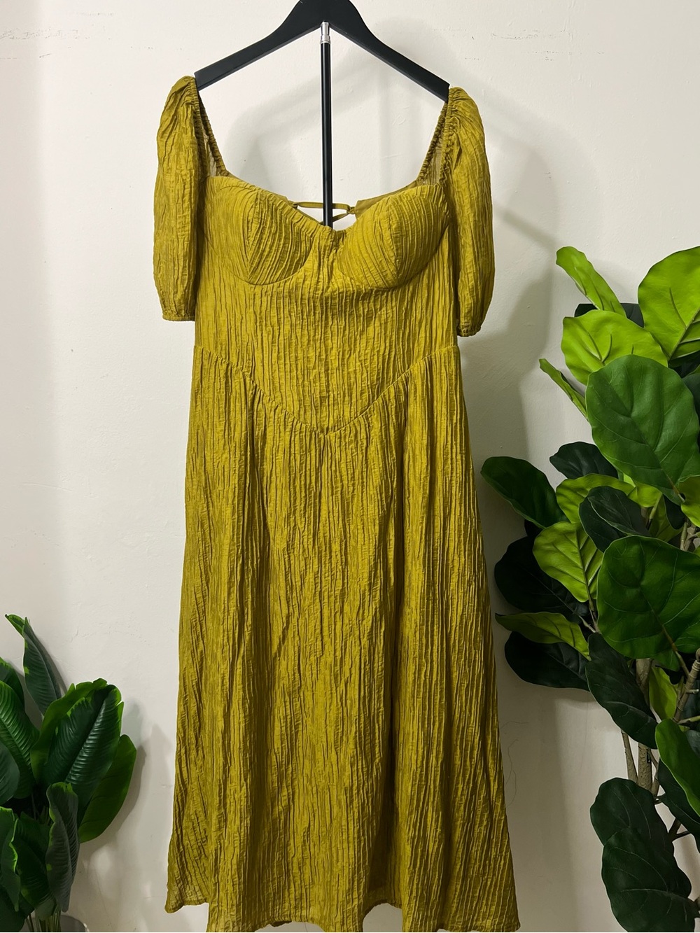 Fashion Nova 1X Olive Green Corset Puff Sleeve Lace Up Midi Dress